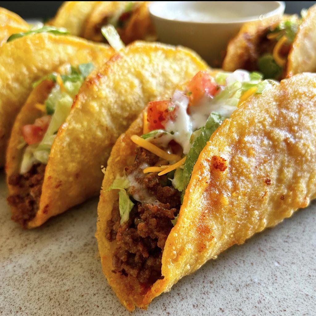 Close-up of crispy Air Fryer Tacos Extravaganza filled with seasoned meat, lettuce, cheese, tomatoes, and sour cream.