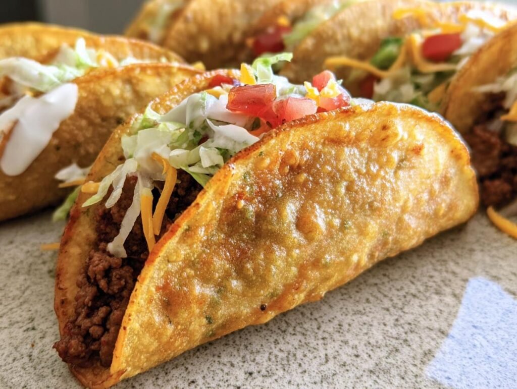 Close-up of crispy Air Fryer Tacos Extravaganza filled with ground beef, lettuce, cheese, and tomatoes.