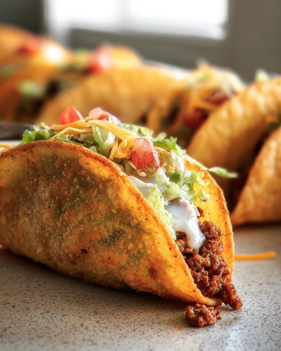 Close-up of an Air Fryer Tacos Extravaganza with seasoned meat, lettuce, cheese, tomatoes, and sour cream.