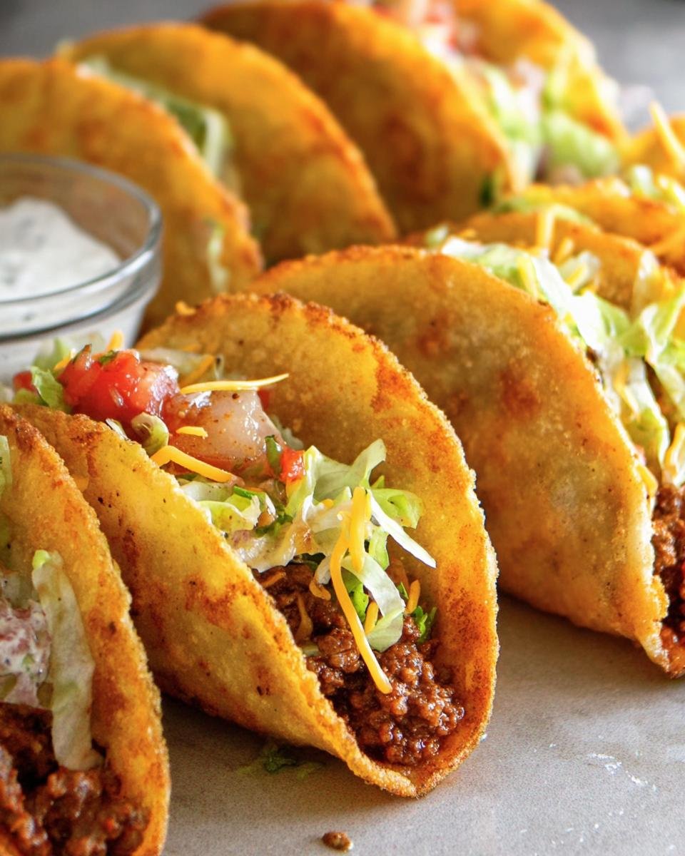 Close-up of crispy Air Fryer Tacos Extravaganza filled with seasoned meat, lettuce, cheese, and toppings.