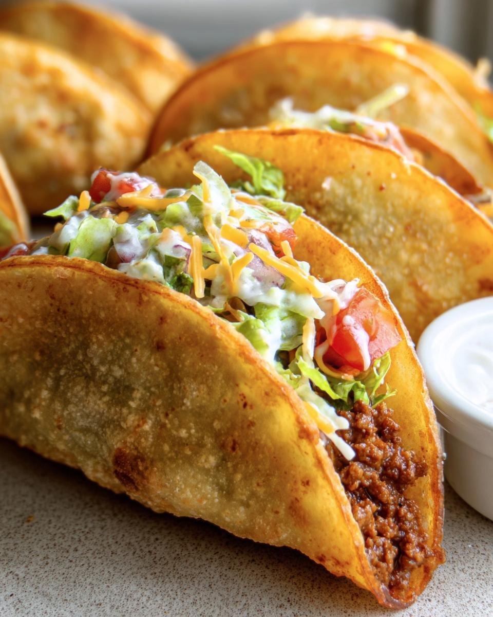 Close-up of crispy Air Fryer Tacos Extravaganza filled with seasoned meat, lettuce, tomatoes, cheese, and sour cream.