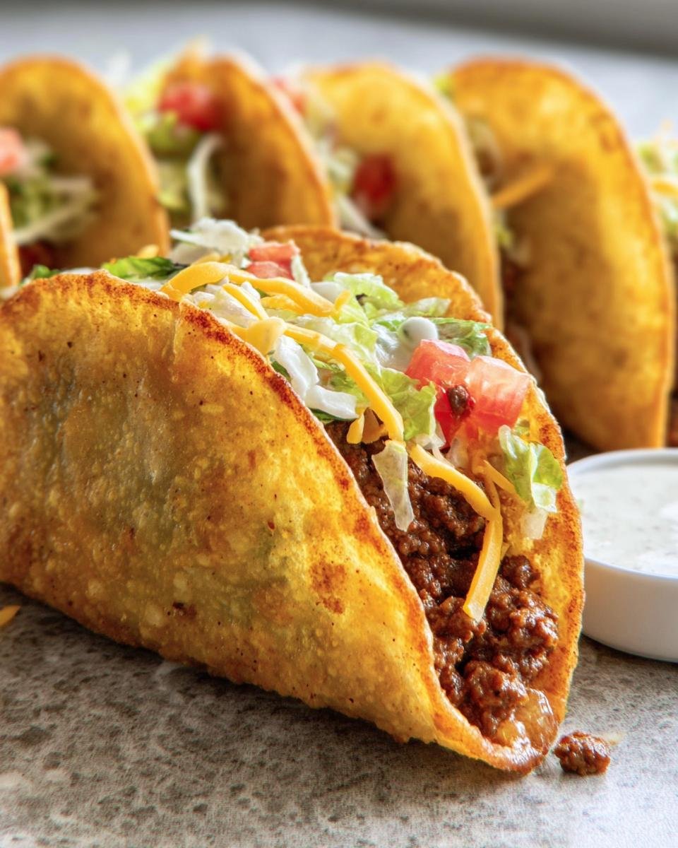 Close-up of an Air Fryer Tacos Extravaganza, showcasing the crispy shell and delicious fillings.