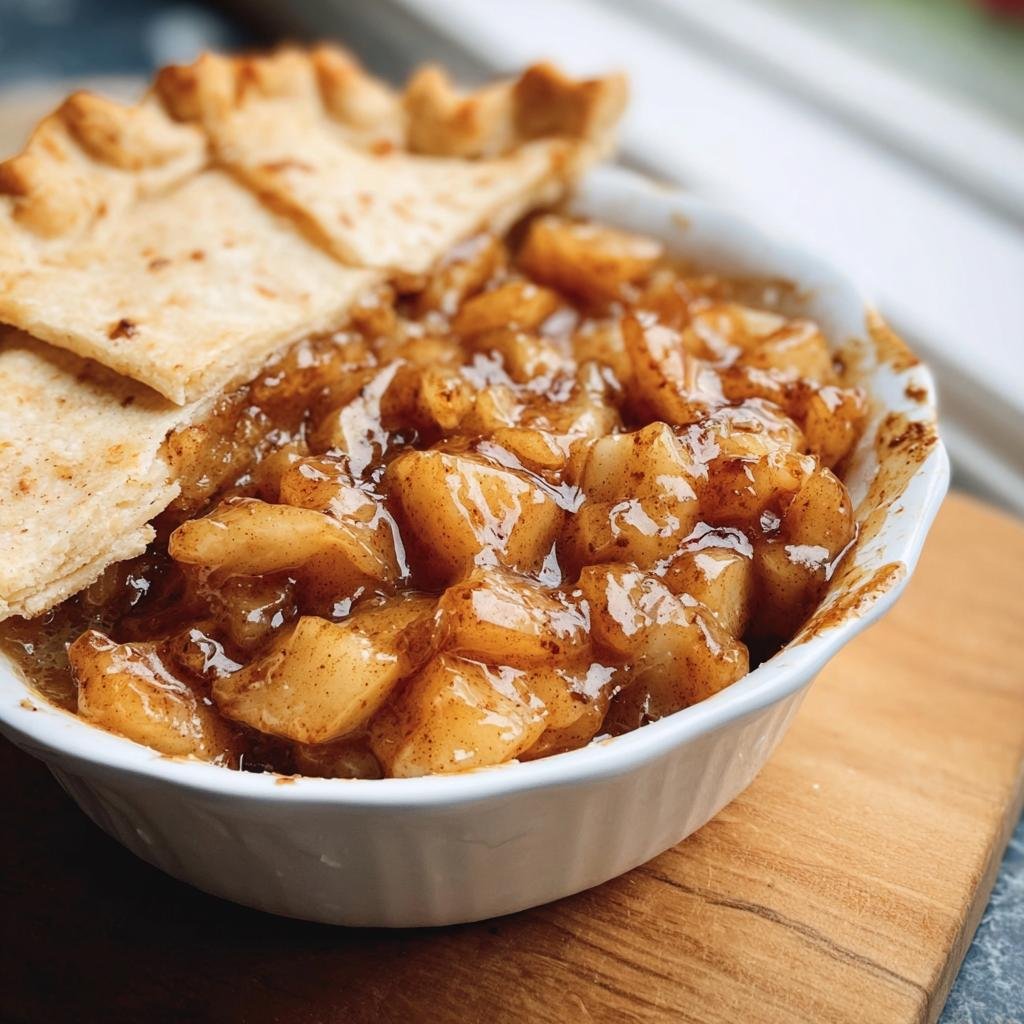 Close-up of Apple Pie with Cinnamon Tortilla in a white bowl, showcasing the filling and tortilla topping.