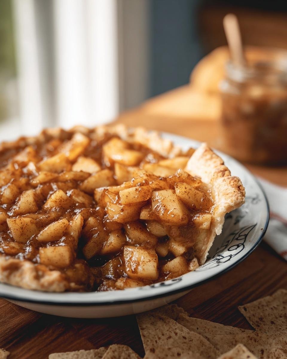 A slice of Apple Pie with Cinnamon Tortilla crust, showing the apple filling and flaky crust.