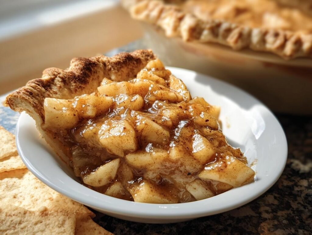 A delicious slice of Apple Pie with Cinnamon Tortilla crust on a white plate.