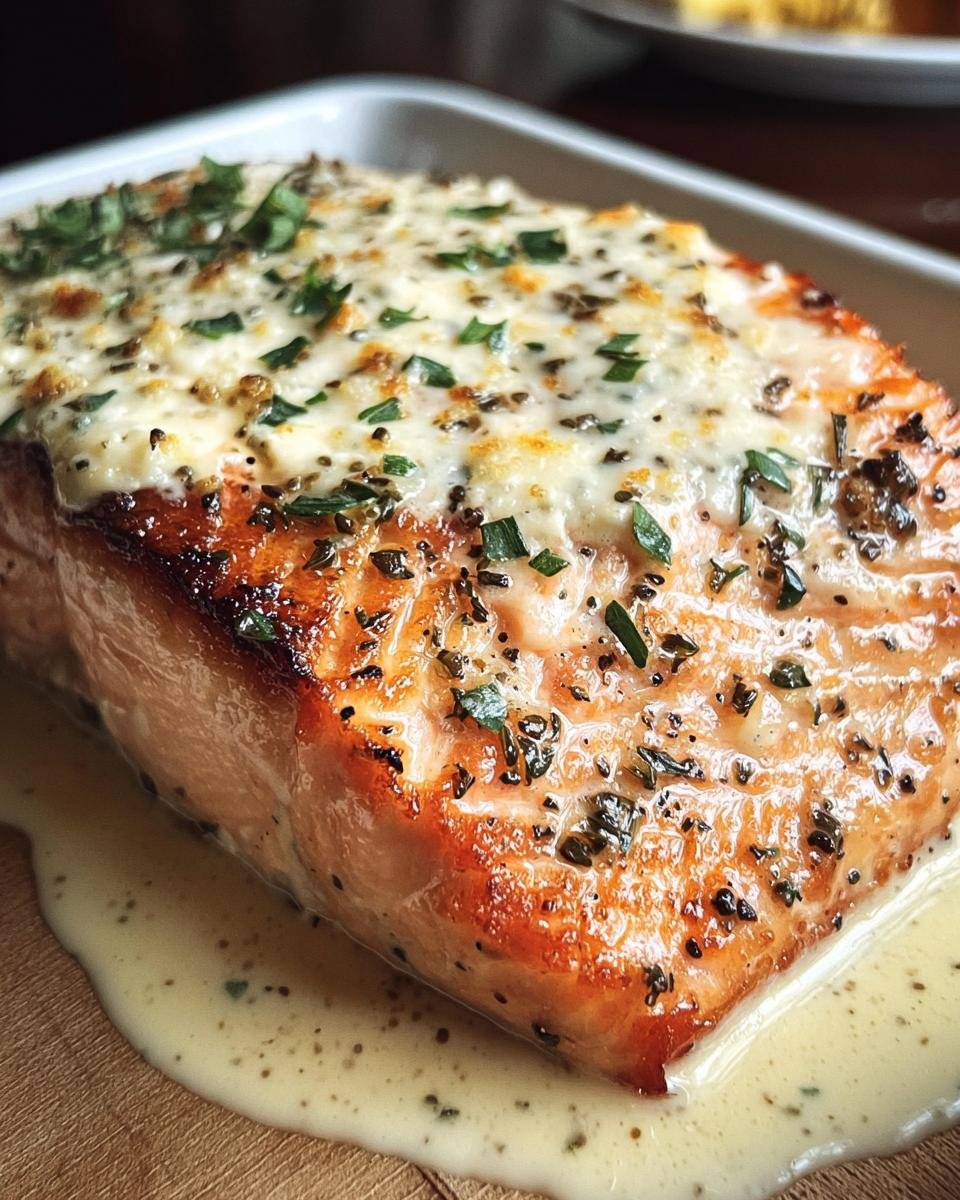Close-up of Baked Boursin Salmon, showcasing the creamy cheese topping and perfectly cooked salmon fillet.
