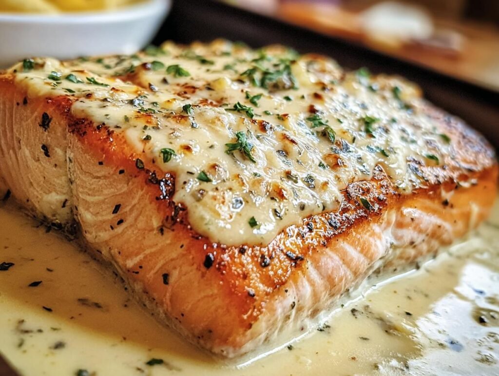 Close-up of Baked Boursin Salmon, showing the creamy cheese topping and perfectly cooked salmon.