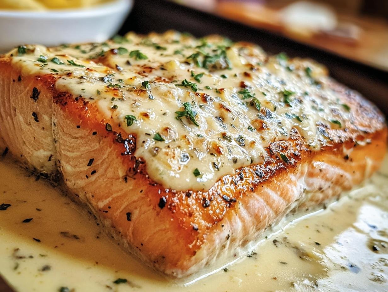 Close-up of Baked Boursin Salmon, showing the creamy cheese topping and perfectly cooked salmon.