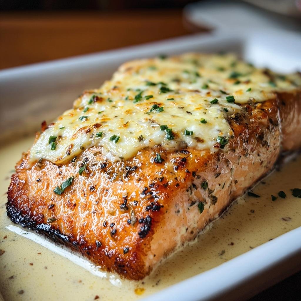 Close-up of Baked Boursin Salmon in a white dish, topped with melted cheese and herbs, surrounded by sauce.