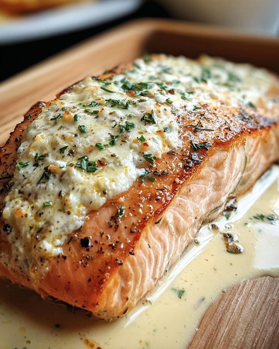 Close-up of Baked Boursin Salmon fillet topped with creamy Boursin cheese and herbs, served on a wooden board.