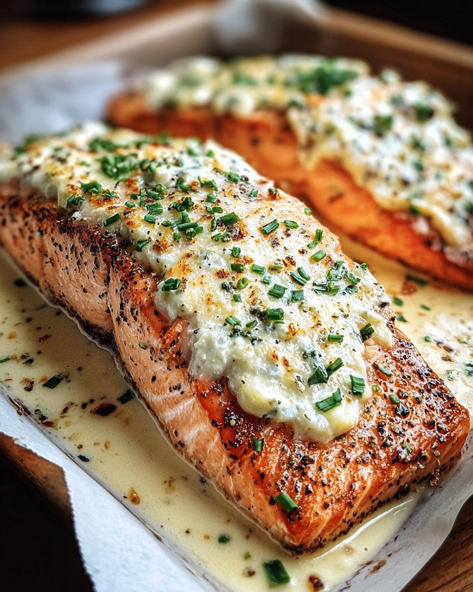 Two fillets of Baked Boursin Salmon, topped with creamy Boursin cheese and chives, on a baking sheet.