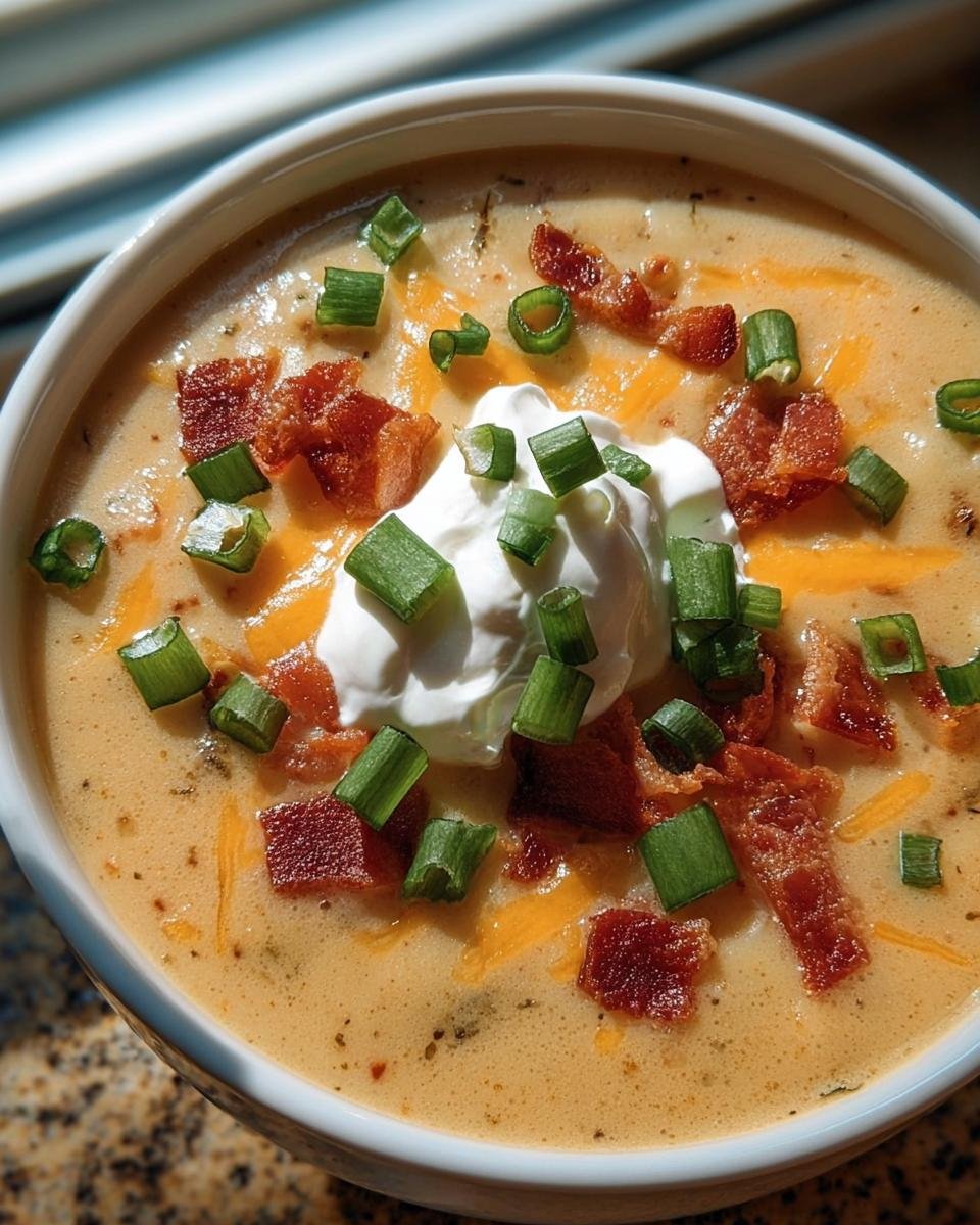 Overhead view of creamy Baked Potato Soup in a white bowl, topped with sour cream, bacon bits, and green onions.