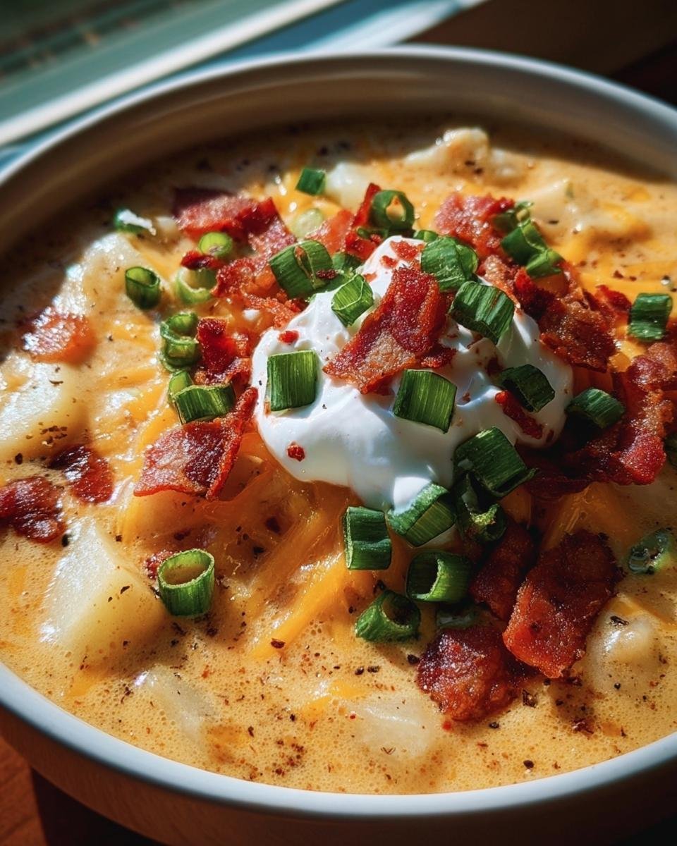 A bowl of creamy Baked Potato Soup topped with bacon, sour cream, and green onions.