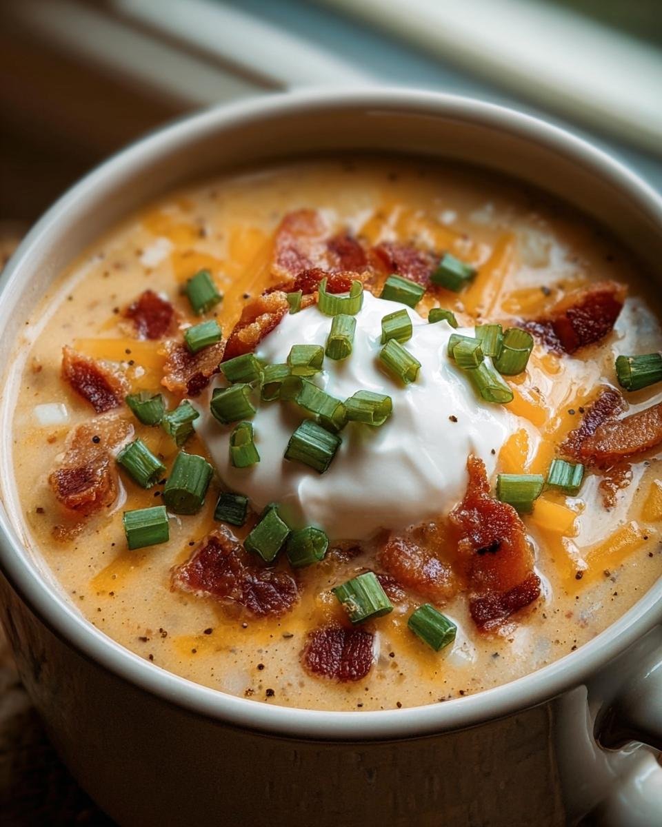 Close-up of creamy Baked Potato Soup in a bowl, topped with sour cream, bacon bits, and chopped chives.