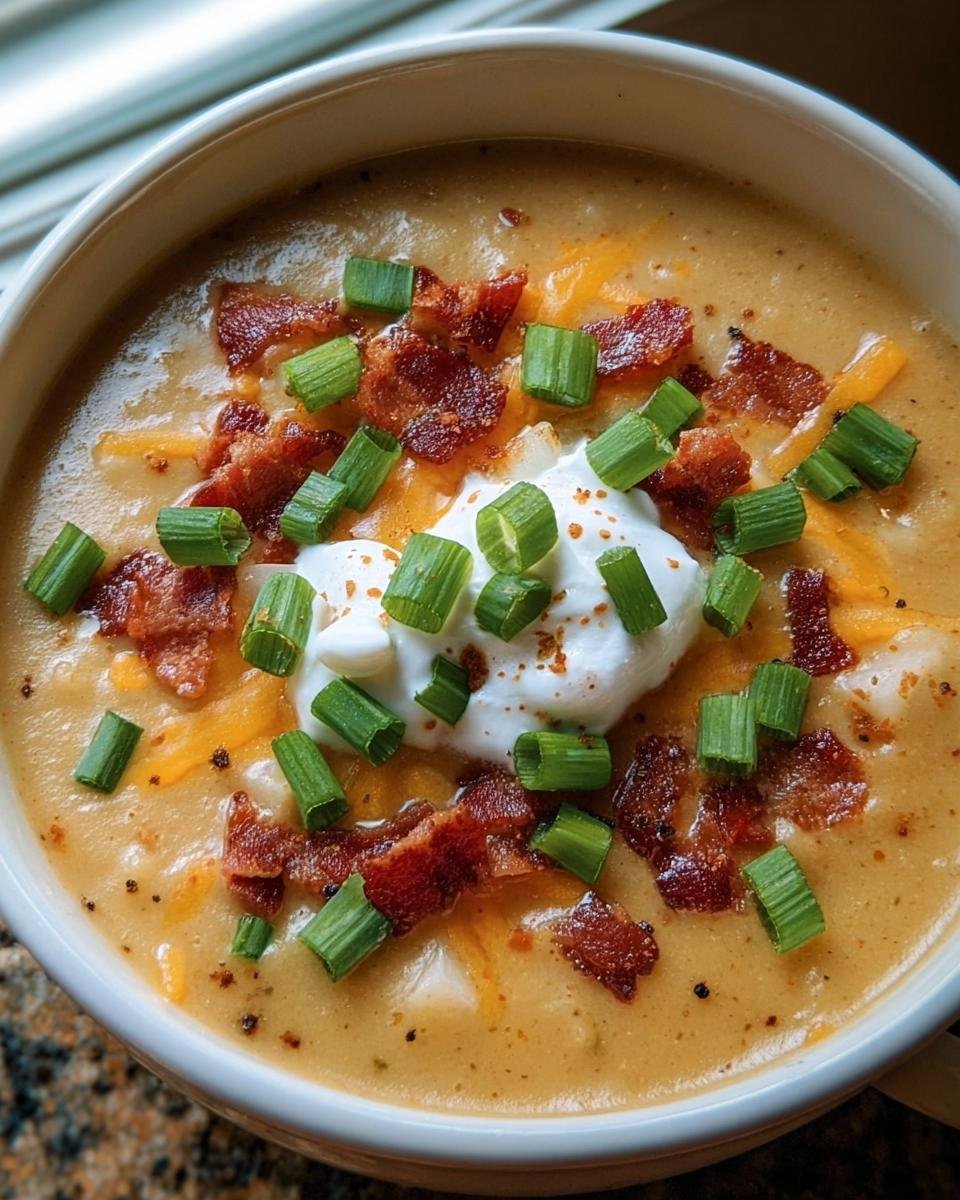 Overhead shot of a bowl of Baked Potato Soup, topped with sour cream, bacon, cheese, and green onions.