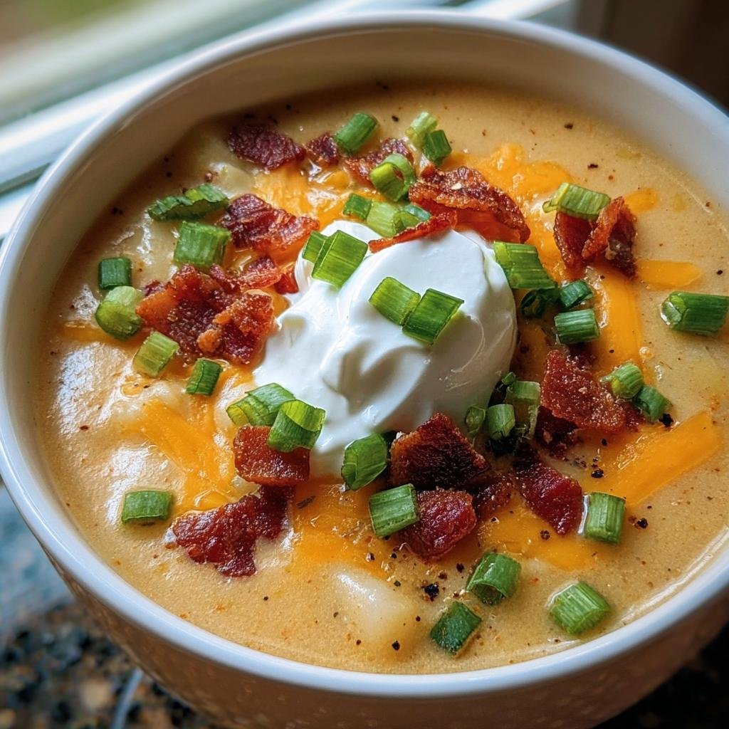 A bowl of creamy Baked Potato Soup topped with sour cream, bacon bits, cheese, and green onions.