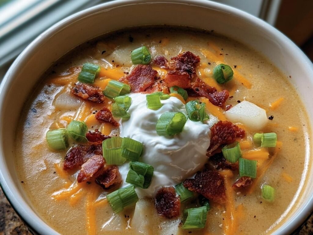 A bowl of creamy Baked Potato Soup topped with sour cream, bacon bits, cheese, and green onions.