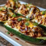 Close-up of BBQ Chicken Zucchini Boats topped with melted cheese and green onions.