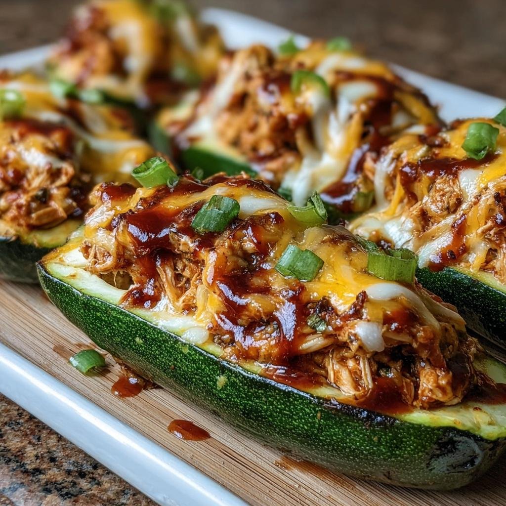 Close-up of BBQ Chicken Zucchini Boats topped with melted cheese and green onions.