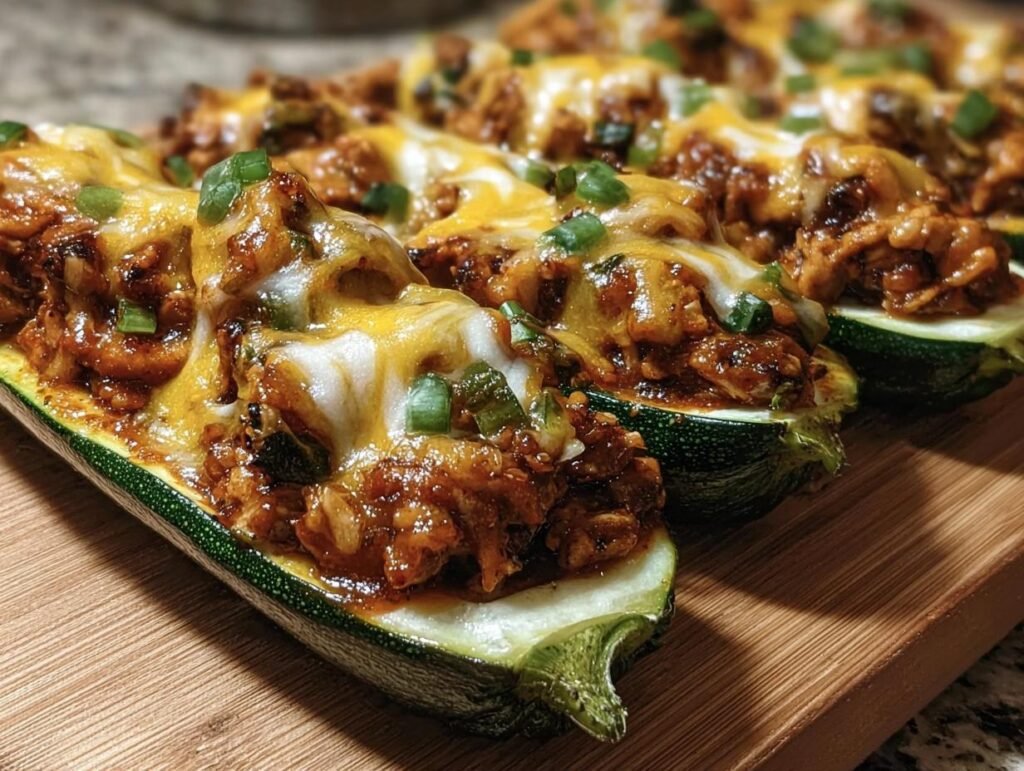 Close up of BBQ Chicken Zucchini Boats topped with melted cheese and green onions on a wooden board.