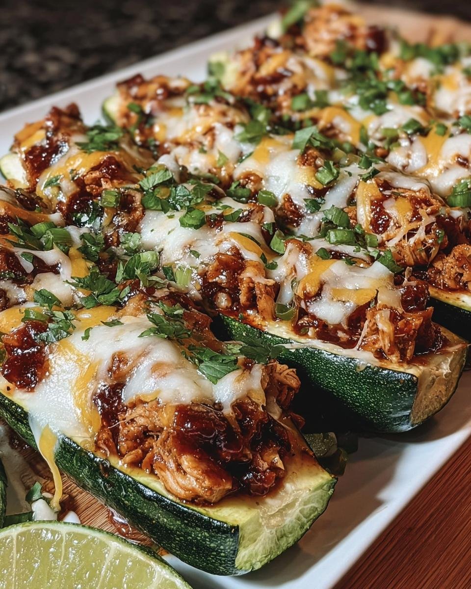 Close-up of BBQ Chicken Zucchini Boats topped with melted cheese and fresh herbs on a white plate.