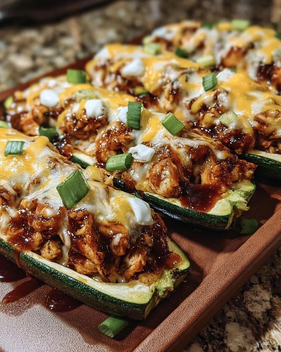 BBQ Chicken Zucchini Boats topped with melted cheese, sour cream, and green onions on a wooden tray.