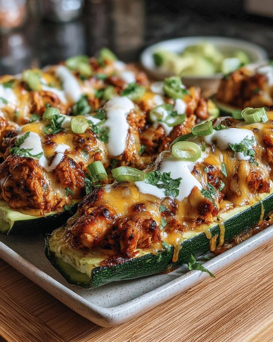 Close-up of BBQ Chicken Zucchini Boats topped with cheese, sour cream, and green onions.