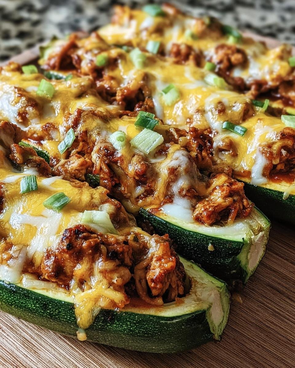 Close-up of BBQ Chicken Zucchini Boats topped with melted cheese and green onions on a wooden board.