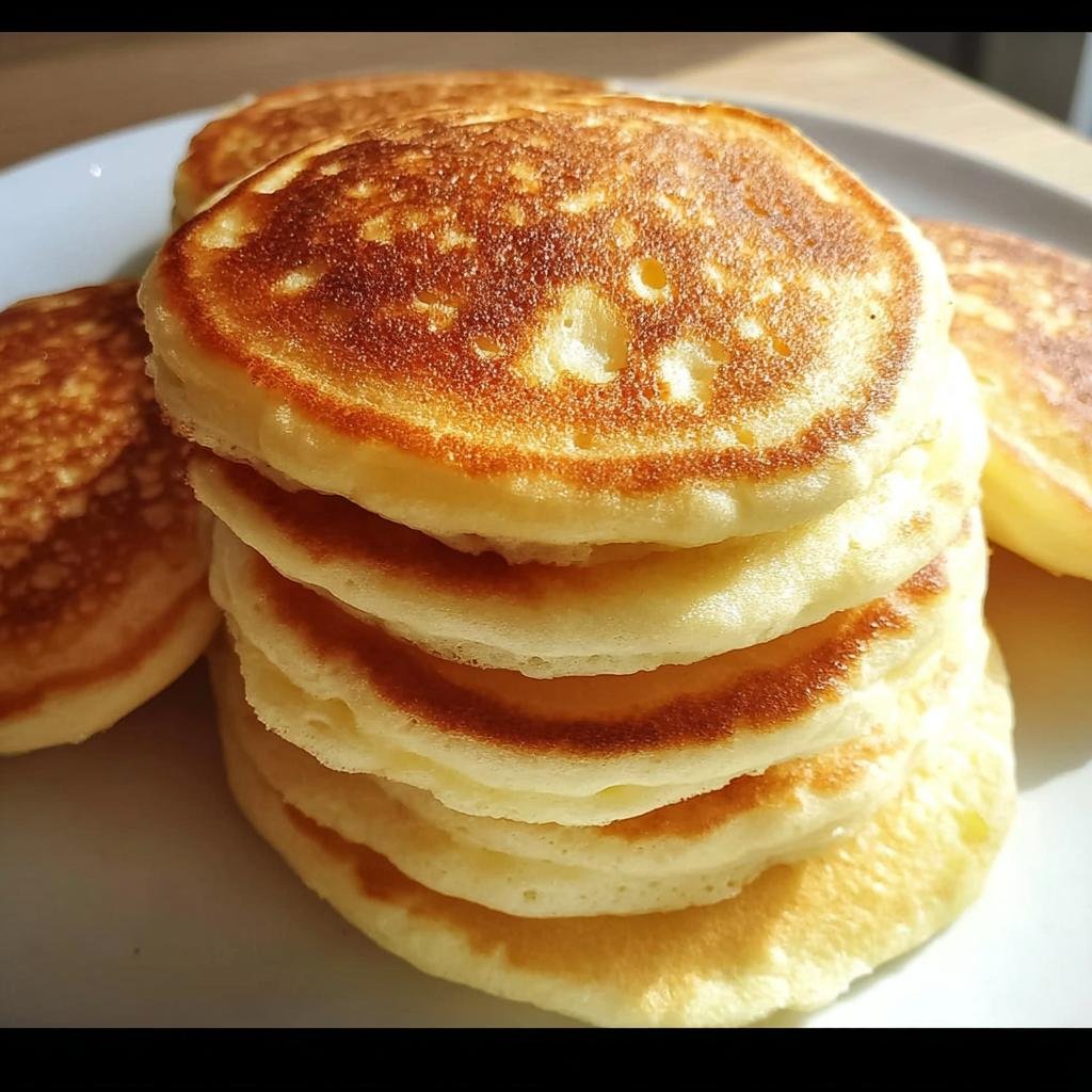 A stack of the Best Fluffy Pancake on a white plate, golden brown and ready to eat.