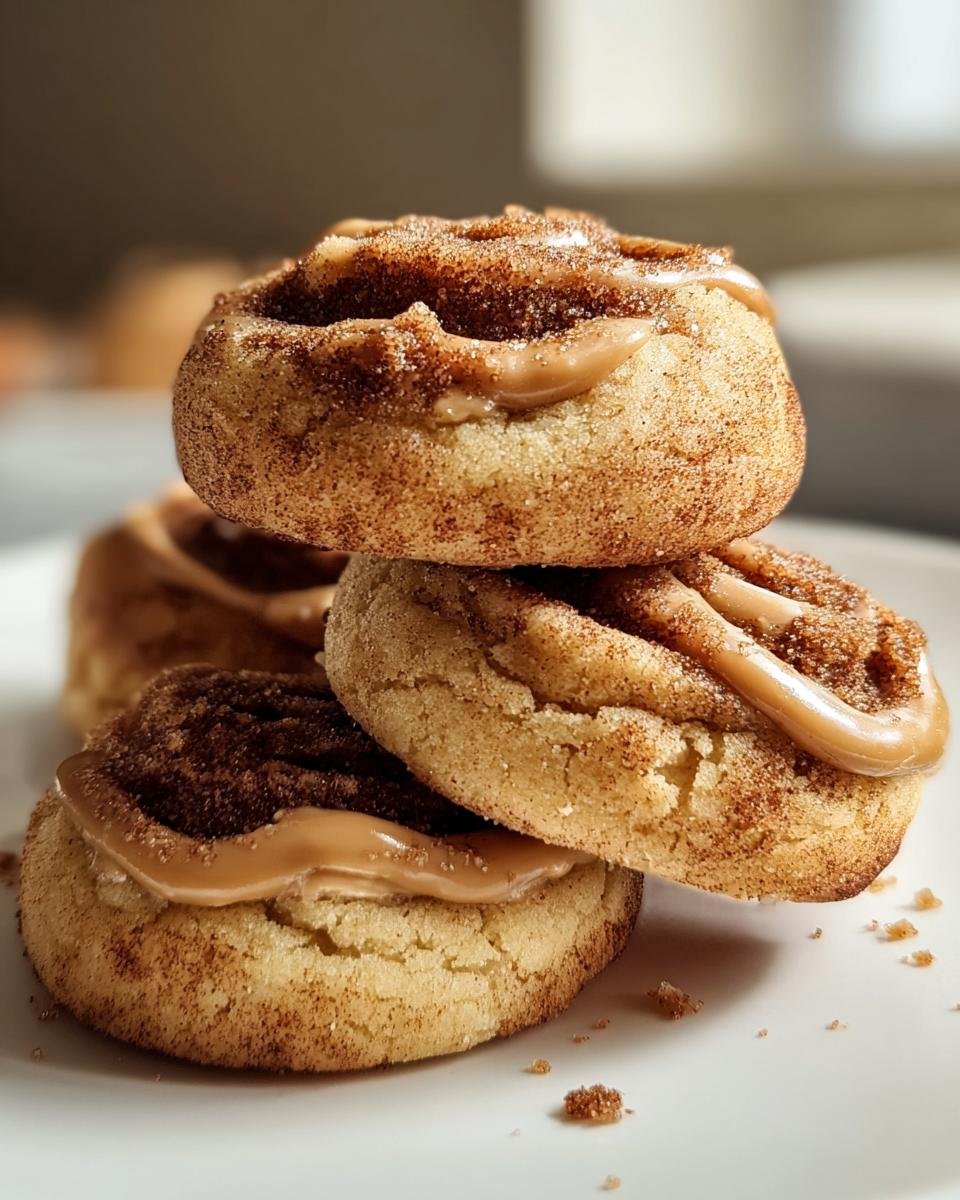 A stack of three Biscoff Cookie Butter Cinnamon Cookies, showcasing the cinnamon swirl and cookie butter topping.