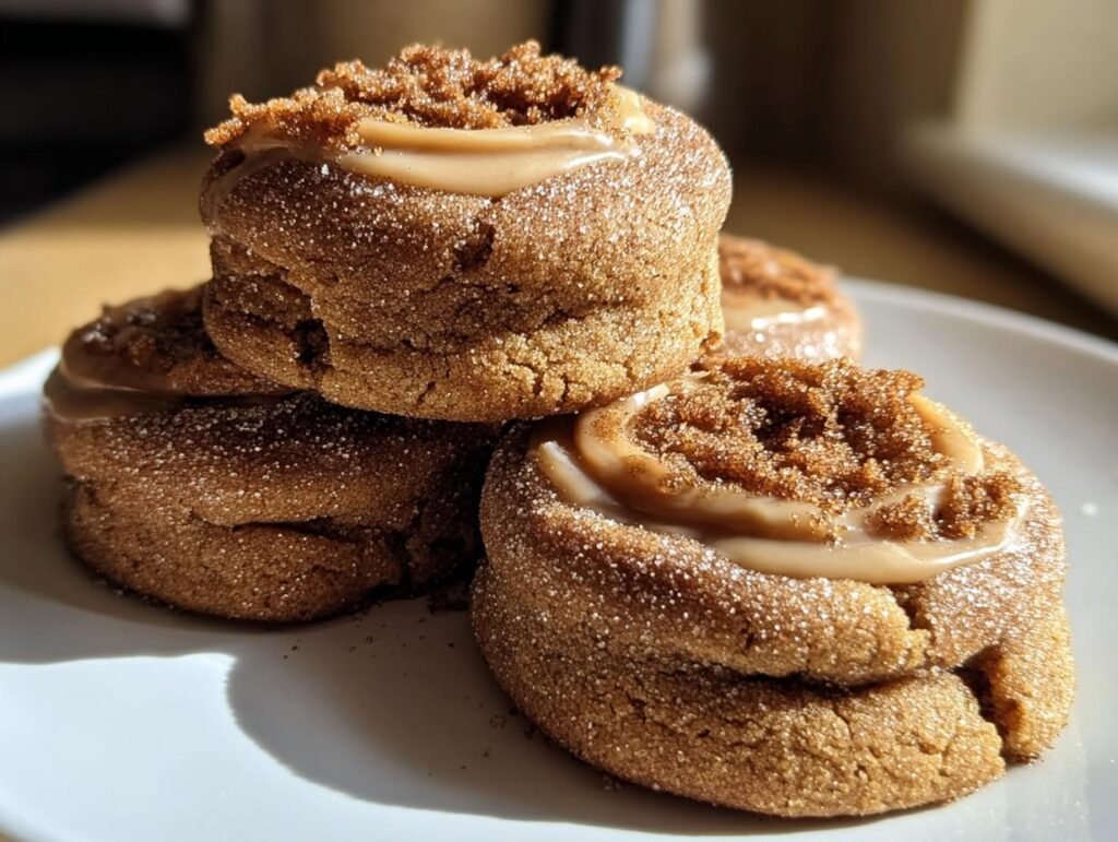 A stack of three Biscoff Cookie Butter Cinnamon Cookies, topped with icing and crumble.