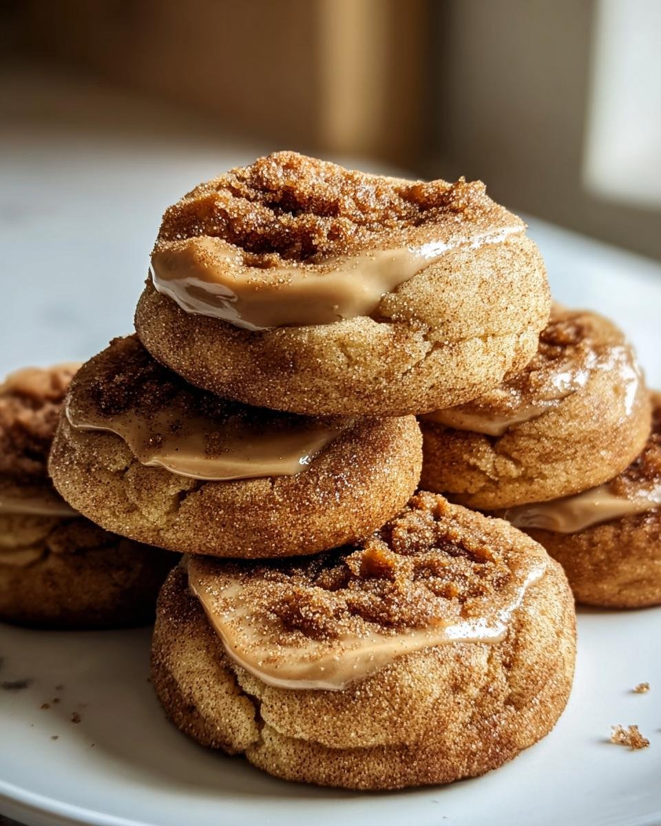 A stack of Biscoff Cookie Butter Cinnamon Cookies, showcasing their cinnamon coating and cookie butter filling.
