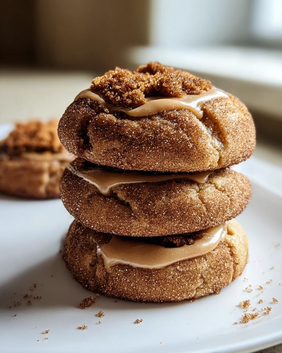A stack of three Biscoff Cookie Butter Cinnamon Cookies on a white plate, topped with cookie butter and cinnamon sugar.