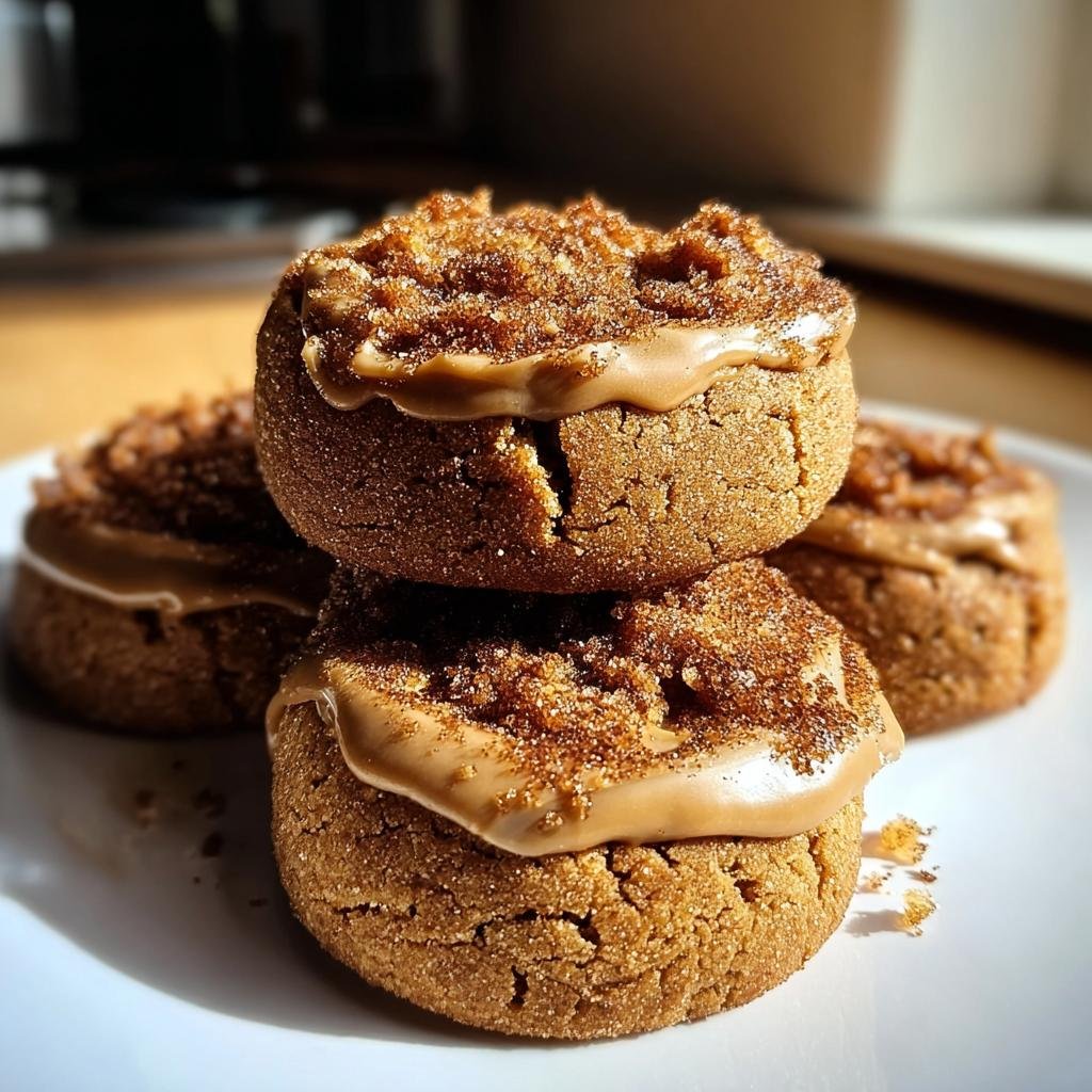 A stack of three Biscoff Cookie Butter Cinnamon Cookies on a white plate, topped with cookie butter and cinnamon sugar.