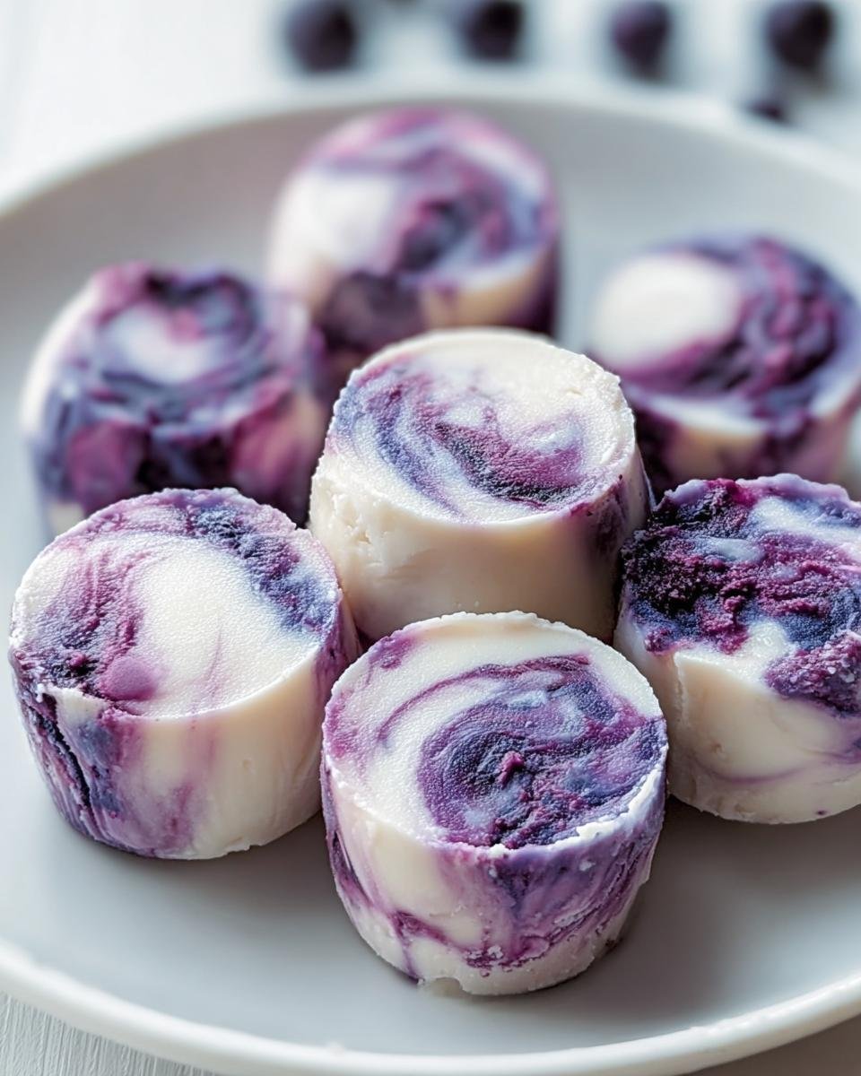 A plate of homemade BLUEBERRY SWIRL YOGURT BITES, showcasing the beautiful purple and white swirls.