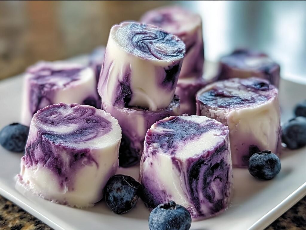 A stack of homemade BLUEBERRY SWIRL YOGURT BITES on a white plate, garnished with fresh blueberries.