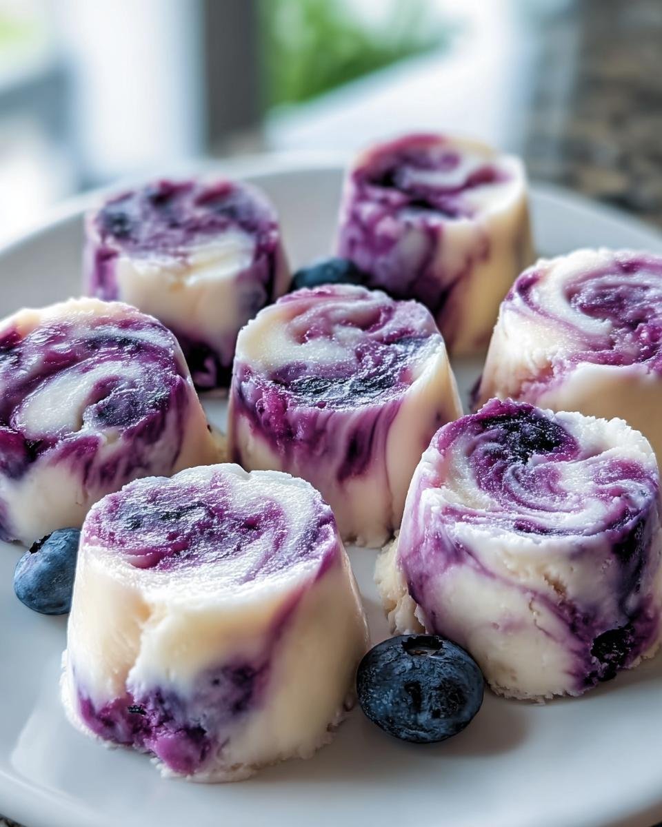 A plate of homemade BLUEBERRY SWIRL YOGURT BITES, showcasing the swirled blueberry pattern and fresh blueberries.