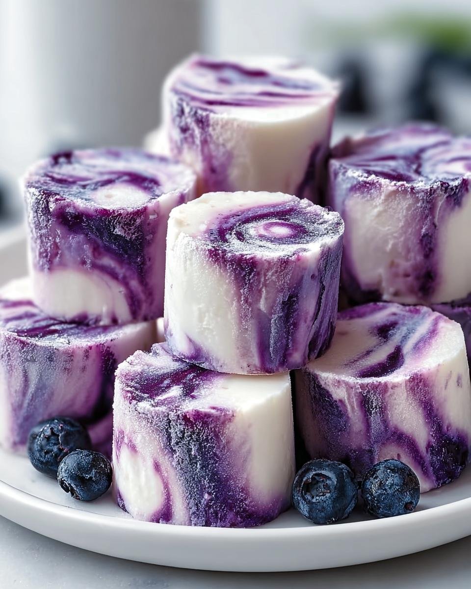 A stack of homemade BLUEBERRY SWIRL YOGURT BITES on a white plate, garnished with fresh blueberries.