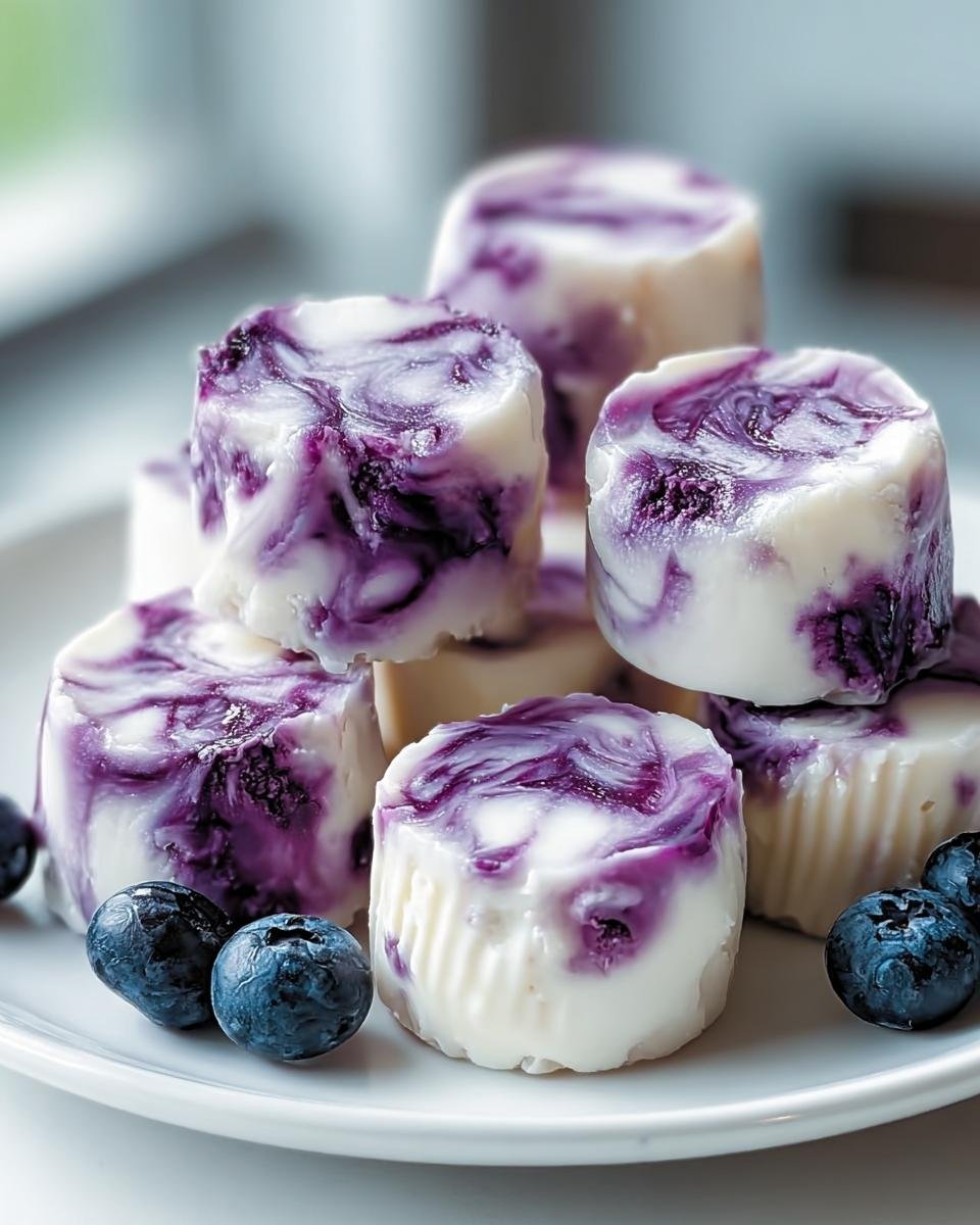 A stack of homemade BLUEBERRY SWIRL YOGURT BITES on a white plate with fresh blueberries.