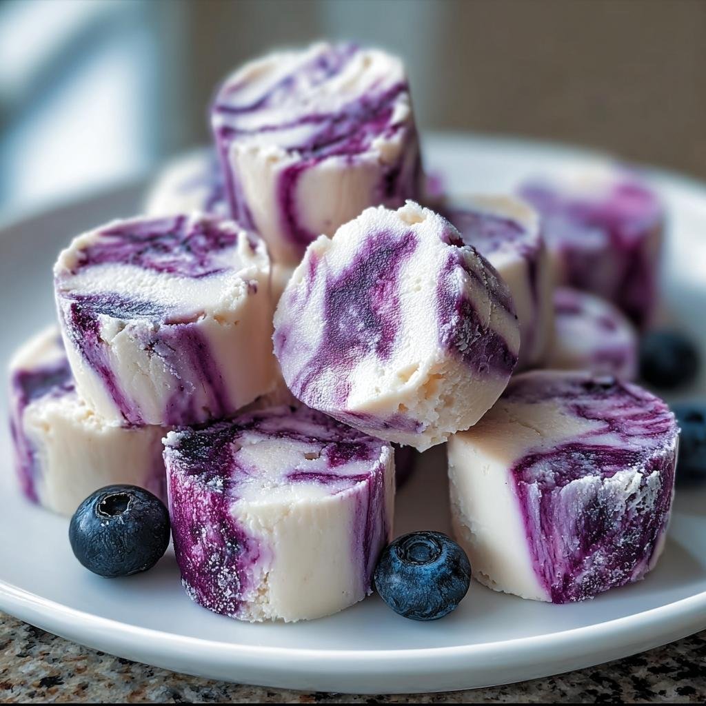 A stack of homemade BLUEBERRY SWIRL YOGURT BITES on a white plate, garnished with fresh blueberries.