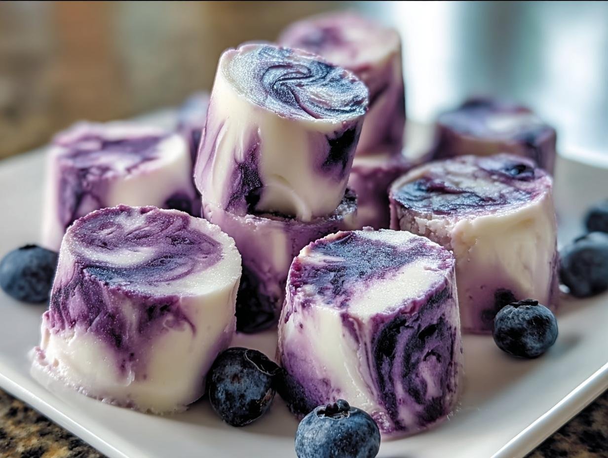 A stack of homemade BLUEBERRY SWIRL YOGURT BITES on a white plate, garnished with fresh blueberries.