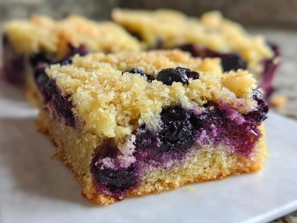 A close-up shot of a slice of Blueberry Zucchini Bars, showcasing the blueberries and crumb topping.