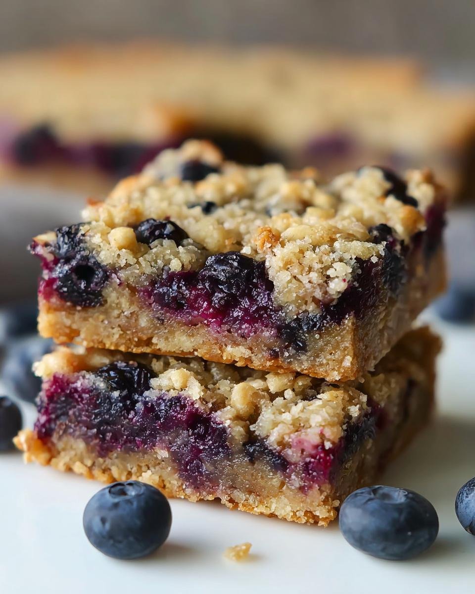 Two Blueberry Zucchini Bars stacked, showcasing the blueberry filling and crumble topping, surrounded by fresh blueberries.