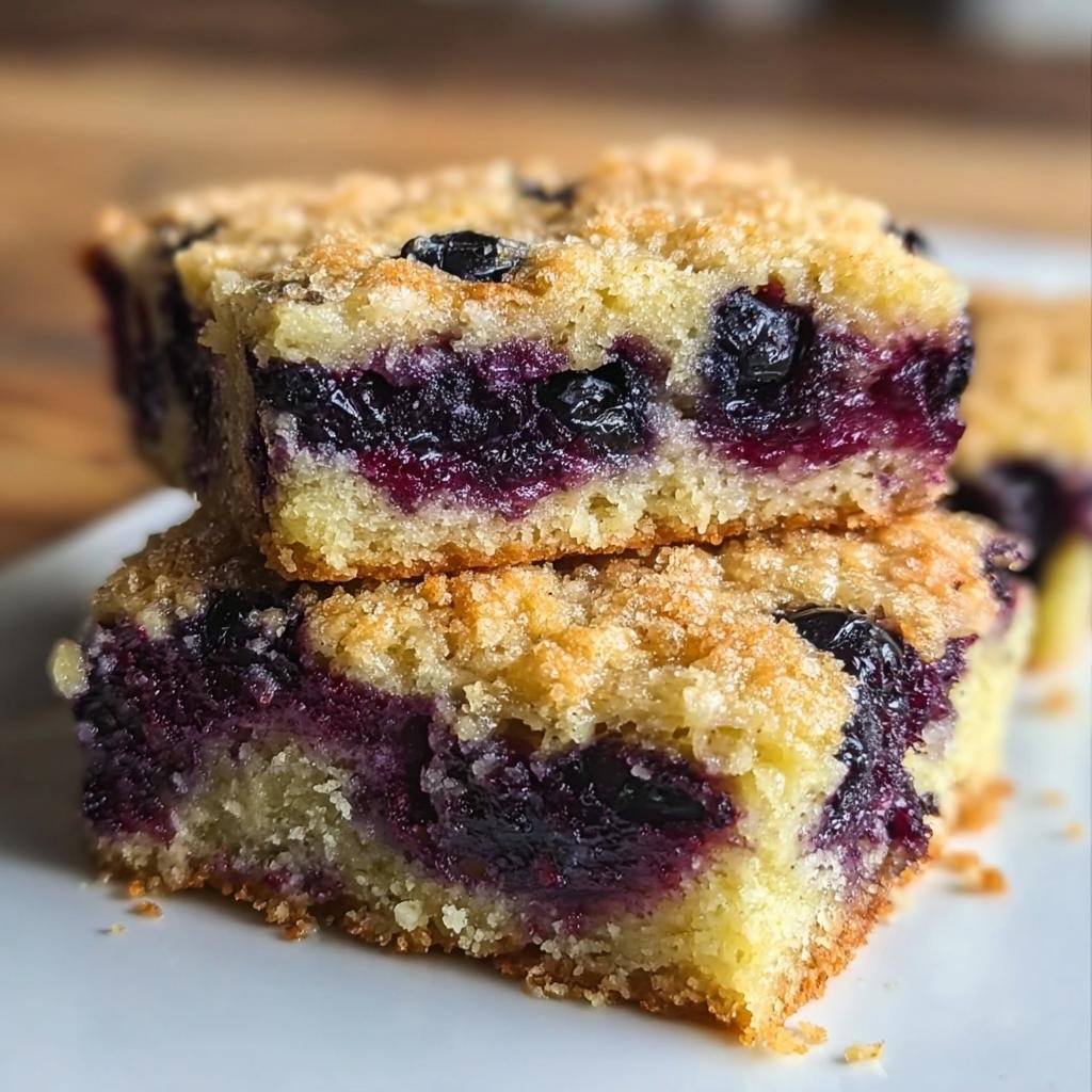 Two Blueberry Zucchini Bars stacked on a plate, showcasing the blueberry filling and crumble topping.