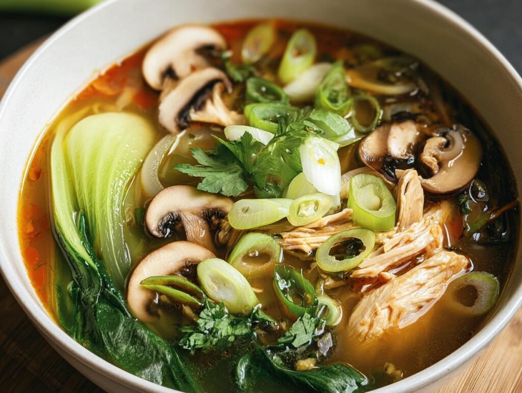 A bowl of Hearty Bokchoy Chicken Soup, featuring bokchoy, mushrooms, chicken, and green onions in a flavorful broth.
