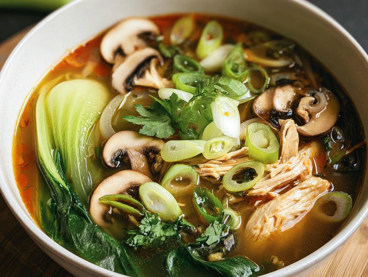 A bowl of Hearty Bokchoy Chicken Soup, featuring bokchoy, mushrooms, chicken, and green onions in a flavorful broth.