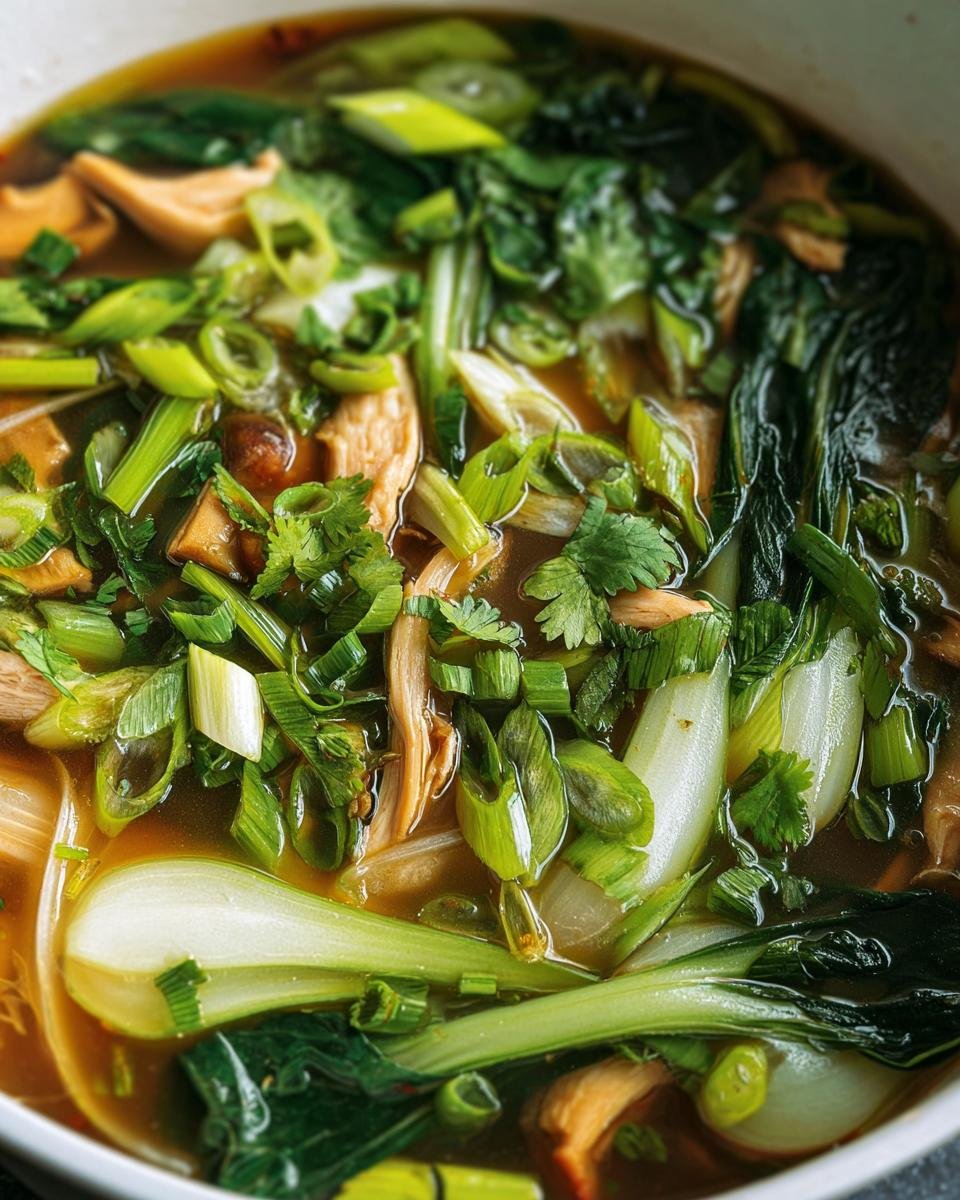 Close-up of Hearty Bokchoy Chicken Soup with bok choy, chicken, scallions, and cilantro in a savory broth.