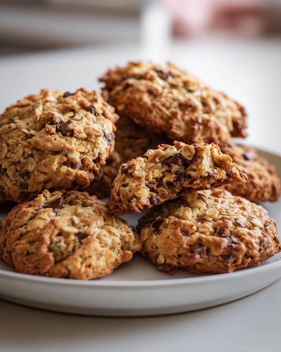A stack of freshly baked Breakfast Cookies with chocolate chips on a white plate, one broken in half.