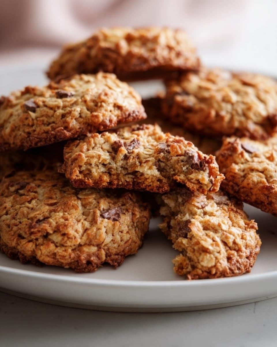 A pile of homemade Breakfast Cookies with visible oats and chocolate chips, one broken in half.