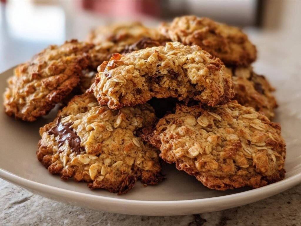 A pile of golden brown Breakfast Cookies on a white plate, featuring oats and chocolate chips.